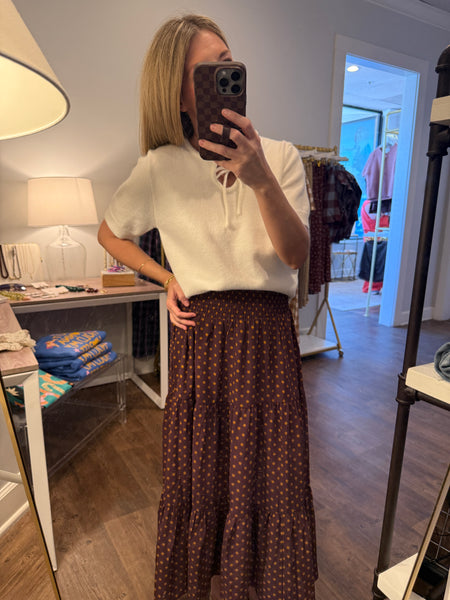 Wine Polka Dot Tiered Midi Skirt