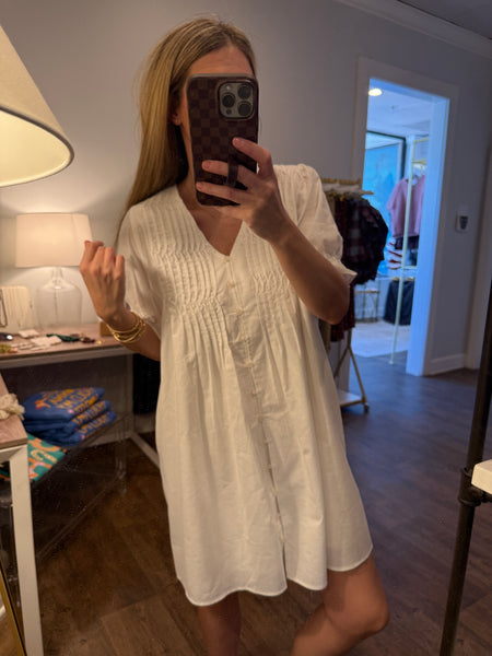 White Pleated Button Up Dress