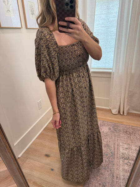 Chestnut Floral Smocked Midi Dress