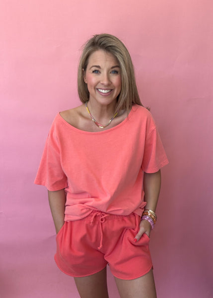 Coral Boat Neck Basic Tee