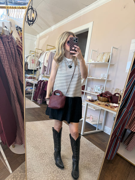 Cream & Black Mixed Media Striped Dress