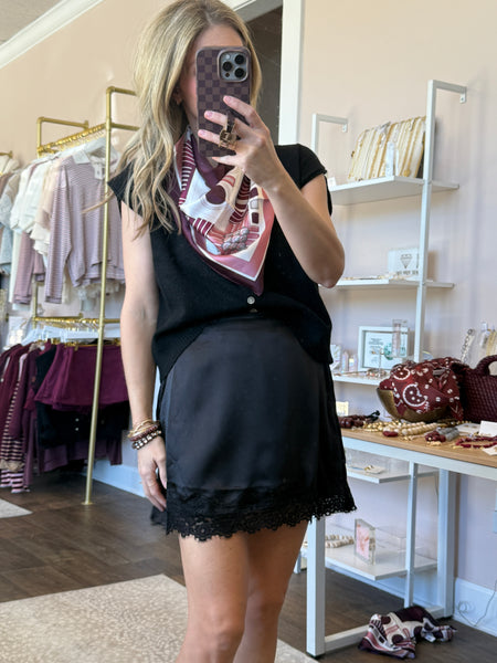Black Satin Lace Trimmed Skirt