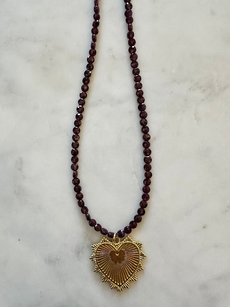 Garnet Shell Beaded Necklace w/ Gold Pendant- PREORDER