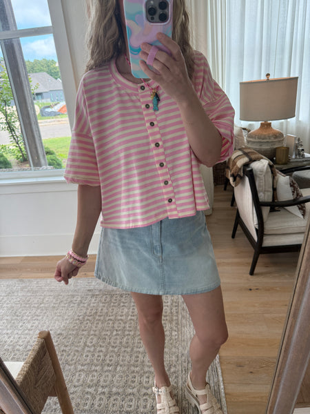 Striped Button Up Crew Tee - Pink