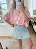 Striped Button Up Crew Tee - Pink
