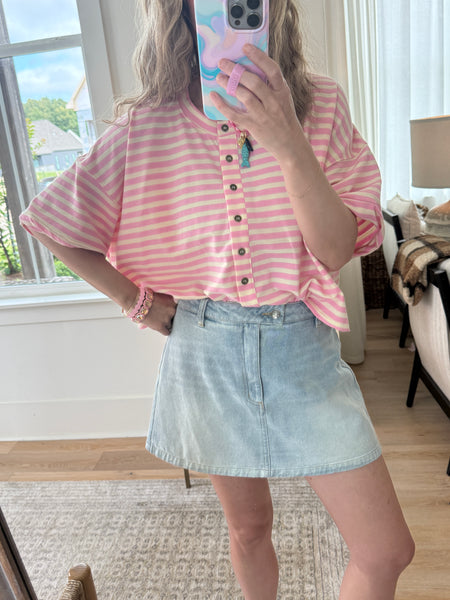 Striped Button Up Crew Tee - Pink
