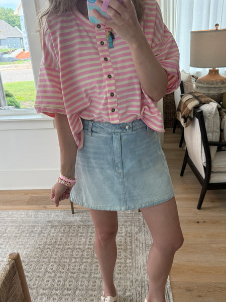 Striped Button Up Crew Tee - Pink