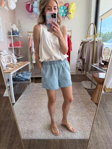 Elastic Waist Denim Shorts