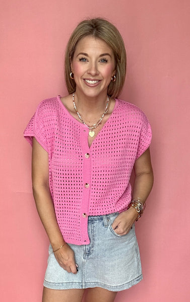 Open-Knit Button Up Top