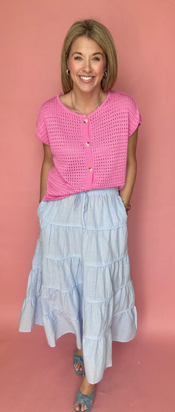 Blue Gingham Tiered Midi Skirt