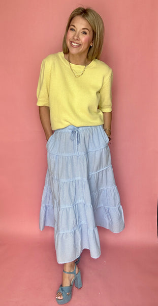 Blue Gingham Tiered Midi Skirt