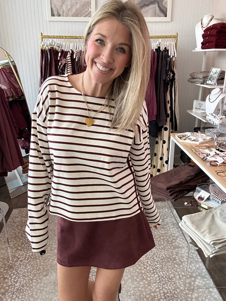 Stripe Knit Top with Contrast Side Stripes - Maroon
