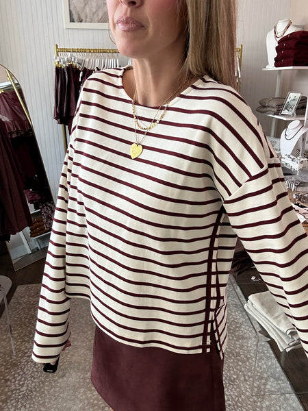 Stripe Knit Top with Contrast Side Stripes - Maroon