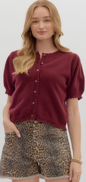 Maroon Scallop Sweater with Puff Sleeve