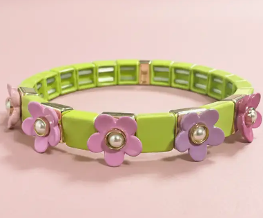 Poppy Enamel Stretch Bracelet - Green/Pink