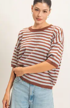 Brown Stripe Short Sleeve Sweater