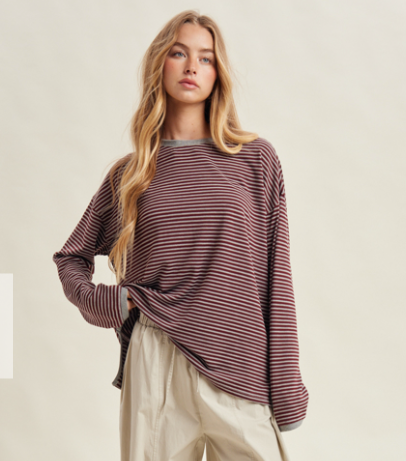 Maroon & Grey Stripe Knit Top