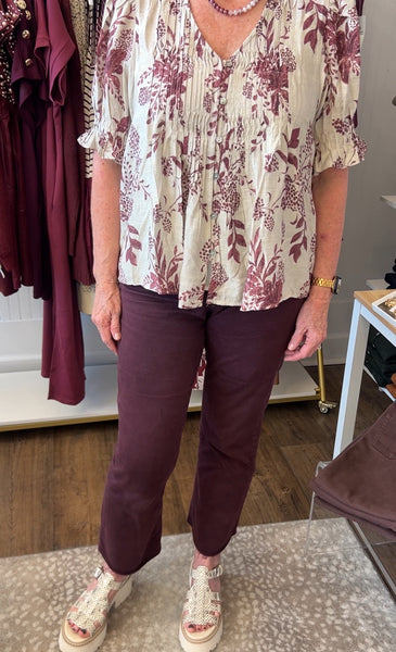 Floral Maroon Smocked Top