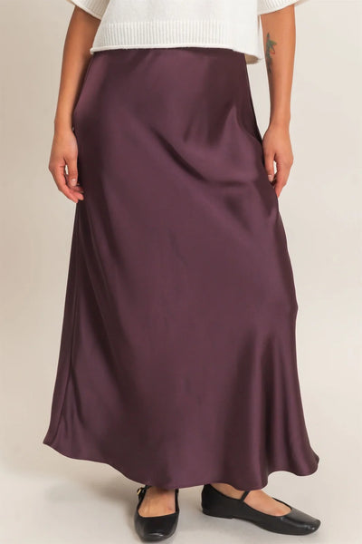 Dark Cherry Satin Midi Skirt